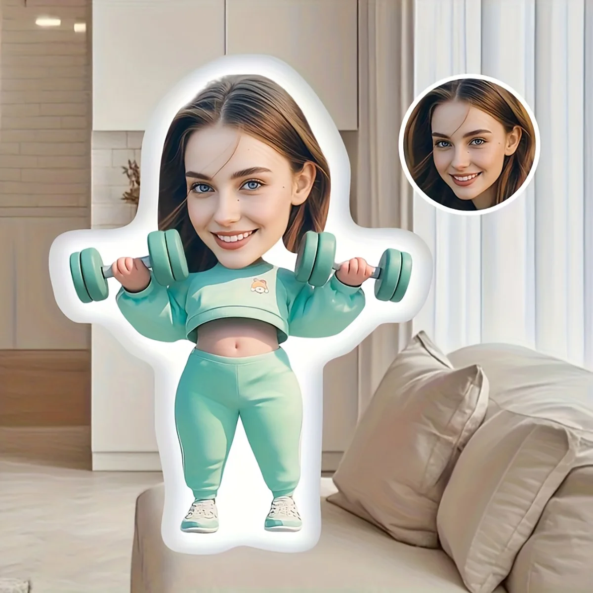 1 Custom Photo Printed Fitness Cartoon Shaped Pillow, Personalized Gift for Valentine's Day, Halloween, Christmas, Thanksgiving,