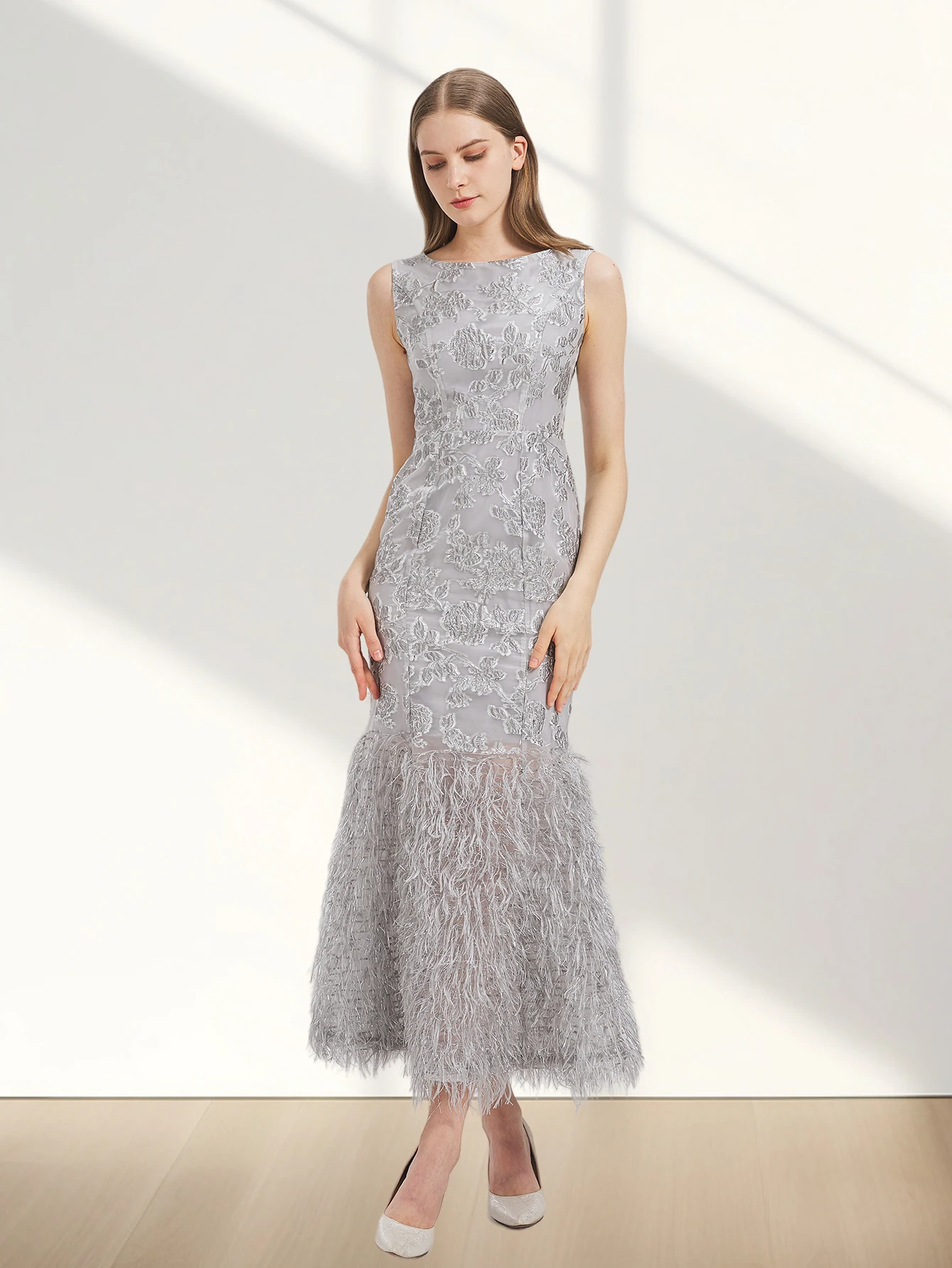 2024 nowość długa sukienka z organzy Fishtail Maxi wieczorowa bez rękawów dopasowana do ciała suknia z piór damska suknia westydo