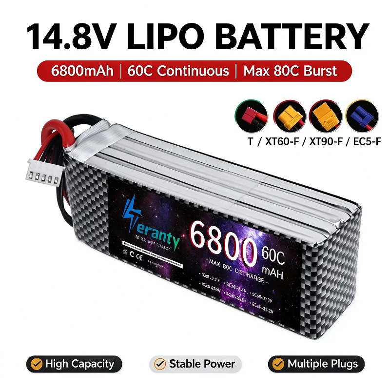Teranty 14.8V 4S Lipo Battery 6800mAh 60C Max 80C XT60 XT90 EC5 T Plug High Capacity Battery for RC Car Truck Buggy Boat RC Mode