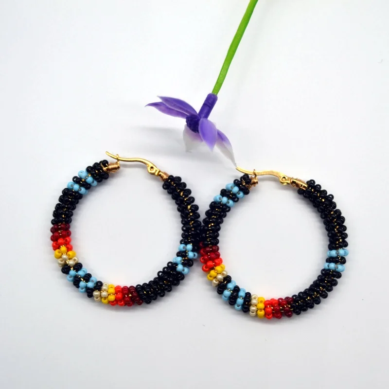 Beaded earrings lace Circle Hand knitting Entangle Gradient color Tide Simple Alloy Bohemia Rice bead earrings