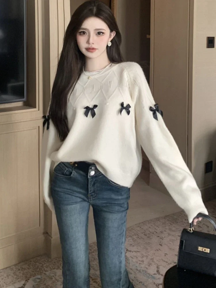 

Winter Fashion New Women's Pink Small Fragrant Style Warm and Elegant Bow Round Neck Knitted Thick Sweet Inner Bottom Shirt