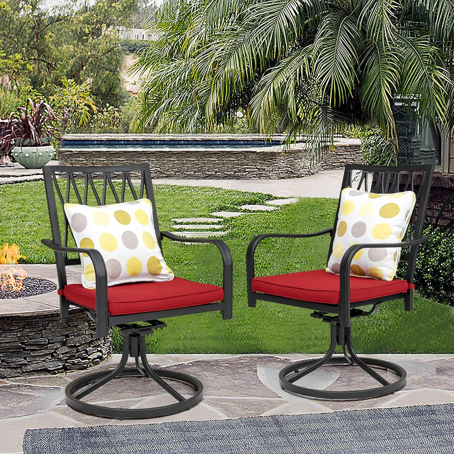 Swivel Patio Dining Chairs Set of 2 All-Weather Outdoor Rocker with Red Cushion for Lawn Garden Backyard, Black, Customized