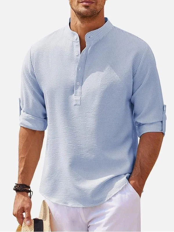 Summer Men's Shirt Mid-Sleeve Stand Collar Half Buttoned Pineapple Plaid Casual Top Breathable Lightweight Polyester Fiber