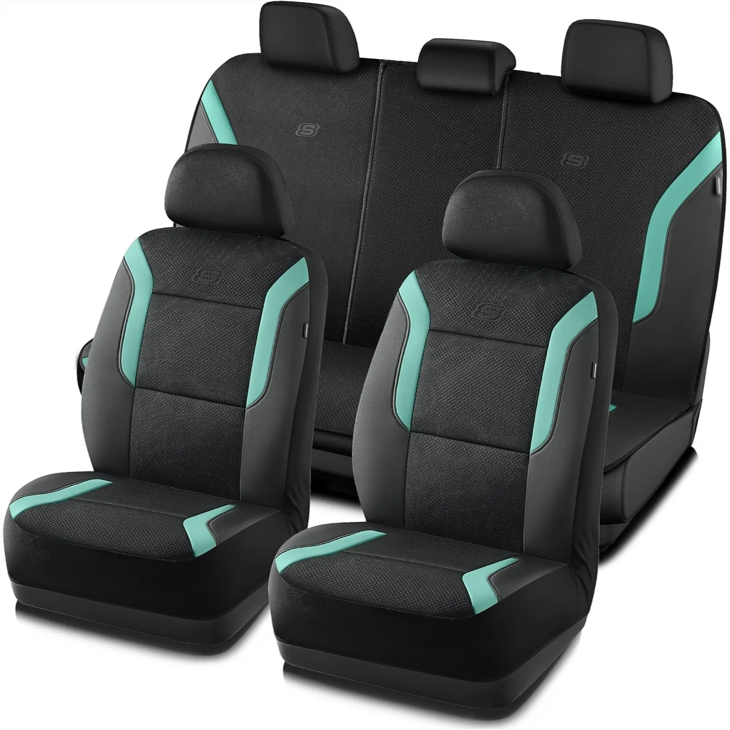

Memory Foam Car Seat Covers Full Set, Air Cool Mesh Thick Seat Covers, Automotive Comfort for Cars Trucks Vans SUVs, Airbag