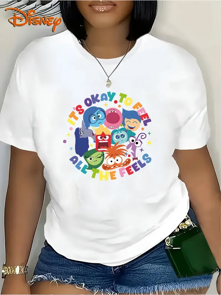 디즈니 인사이드 아웃 모든 감정이 괜찮다 여성용 티셔츠 감정적 캐릭터 프린트 소프트 캐주얼 크루넥 풀오버 Y2K