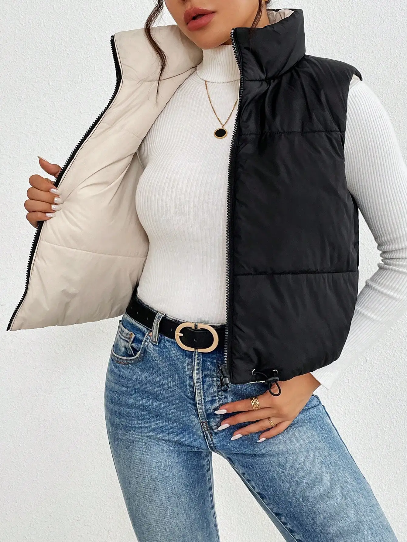 سترة نسائية مبطنة بسحاب أمامي، سترة شتوية دافئة بدون أكمام بلون سادة للارتداء الكاجوال
