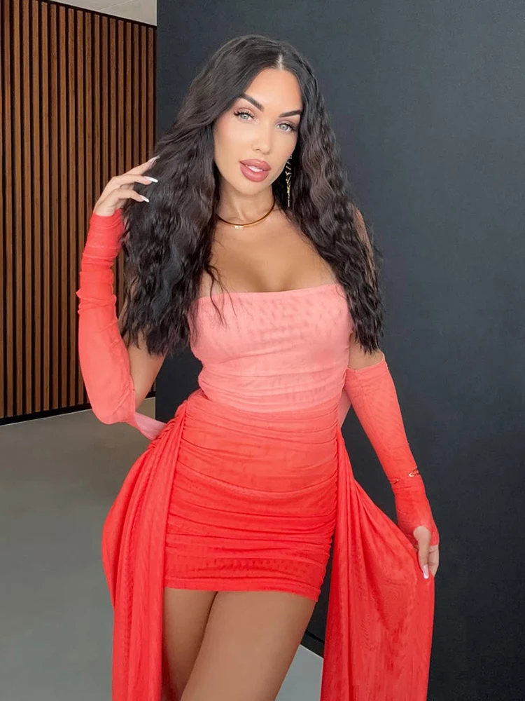 kliou Mesh Simple Women Mini Dress Fashion Solid Strapless Ribbons Tassel Body-shaping Vestidos+Seperately Full Sleeve Gloves - Image 4