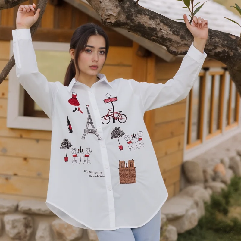 Outono branco camisa feminina manga longa blusa senhora do escritório elegante bordado casual topos turn down collar roupas