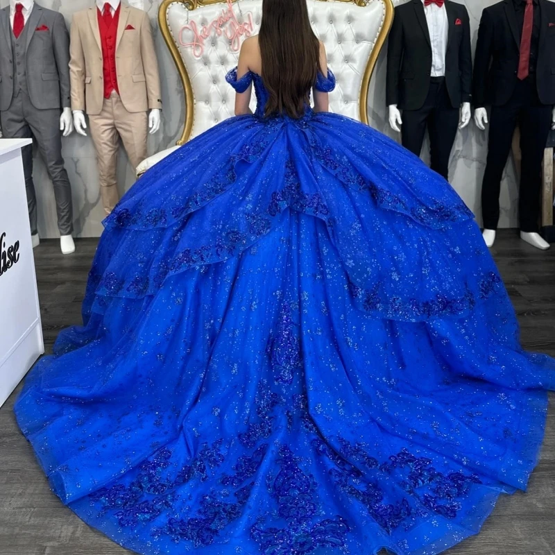 EVLAST Customized Royal Blue Quinceanera Dress Ball Gown Lace Appliques Beading Mexico Sweet 16 Vestidos De 15 Años TQD058