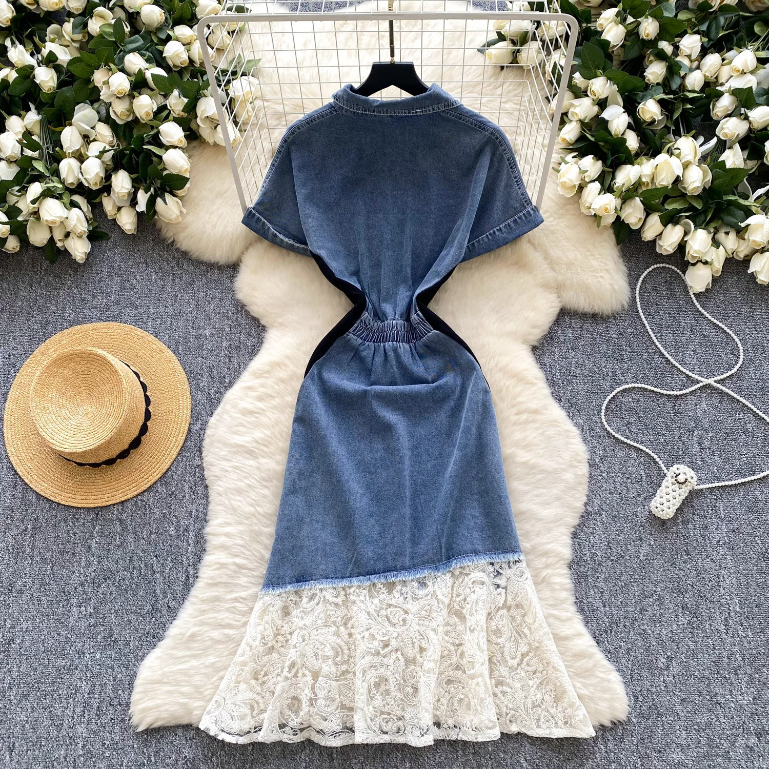 Vestido vaquero Design Sense "Light Luxury Style". Vestido largo de temperamento perfecto con costuras de hilo de malla a la moda de verano para mujer