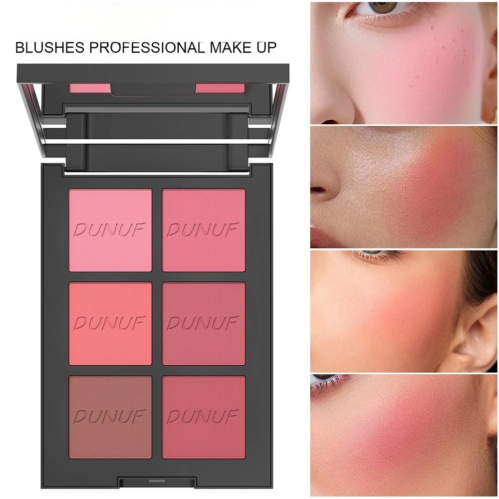 올인원 블러쉬 팔레트 6가지 색상 대형 거울 포함 벨벳 파우더 블렌딩 가능한 색소 모든 피부용 자연스러운 얼굴 윤곽 연출