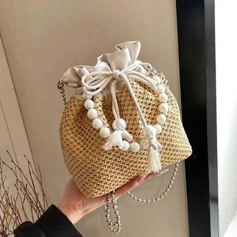 

Casual Grass Woven Small Bag Advanced Feeling Pearl Handbag Drawstring Opening Versatile Fashion Good-looking Chain Shoulder Bag