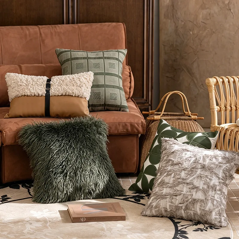 

Luxury Green Geometric PU Leather Throw Pillow Covers Modern Decorative Cushion Cases Textured Home Living Room Sofa Decor