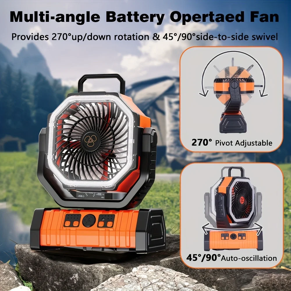 Portable USB Rechargeable Camping Fan with LED Light Strong Wind, Remote Control Fan for Outdoor Adventures Tents Picnics Travel