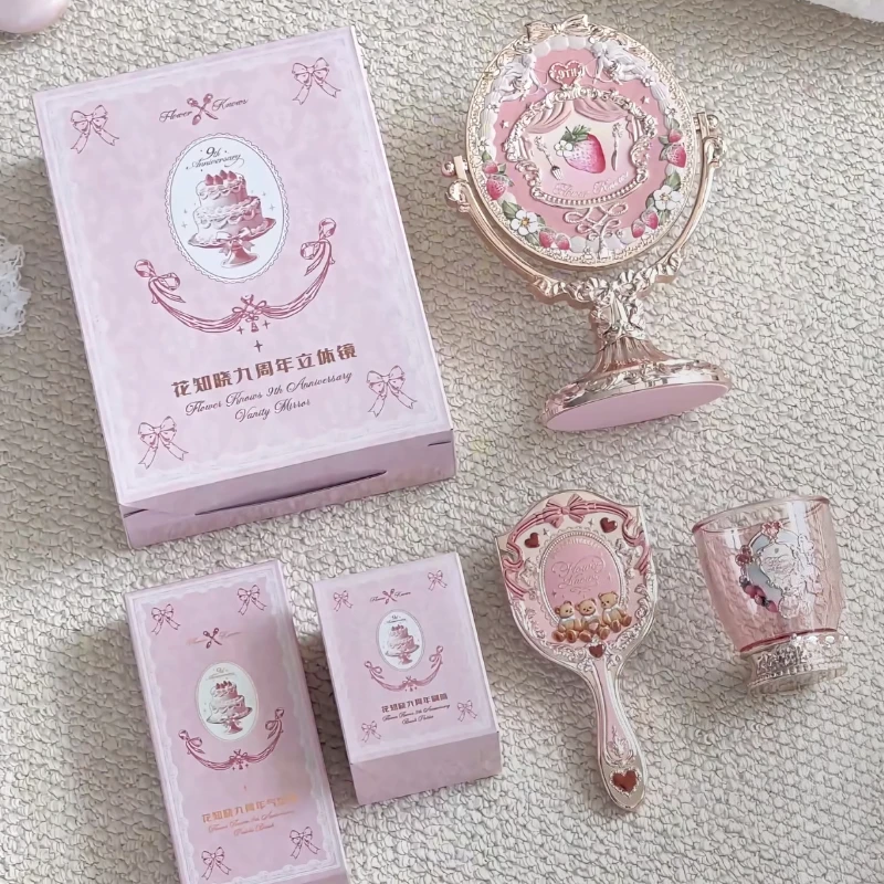 Flower Knows 9th Anniversary Pink Strawberry Bear Air Cushion Comb Brush Bucket Makeup Brush Tool
