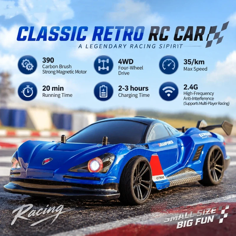 SCY 16301/16302 4WD Vintage RC Race Car 35km/h, 390 High‑Magnet Brushed Motor, Spring Shocks, Devil Angel‑Eye He`adlights