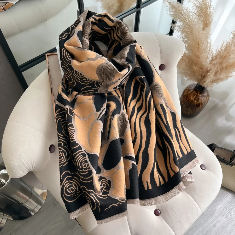 Zebra Stripes Rose Jacquard Imitate Cashmere Scarf Shawl Women Winter Fashion Warm Neckerchief Long Wraps