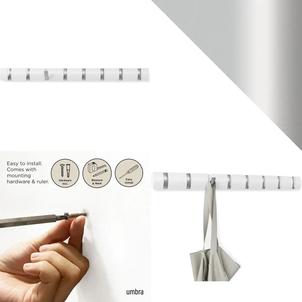 

Modern Wall-Mounted Coat Rack with 8 Hooks - Space-Efficient Storage for Hats, Jackets, Bags in White/Nickel