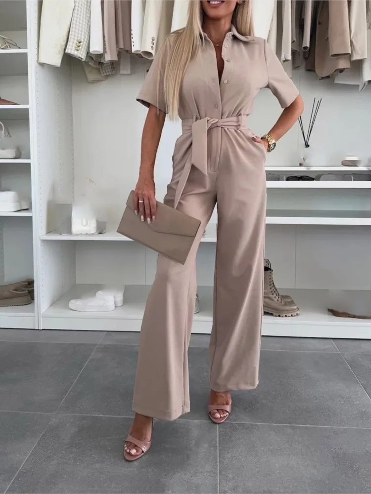 

Women's New Fashion Jumpsuit Summer Elegant Casual Button Short Sleeve High Waist Solid Office Holiday Jumpsuits Lady Ropmers