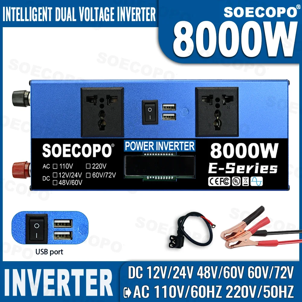 

Самый продаваемый инвертор SOECOPO 8000 Вт, многонапряженный 12 В, 24 В, 48 В, 60 В, 72 В, с зажимами типа «крокодил» для грузовиков, лодок и аварийного затемнения