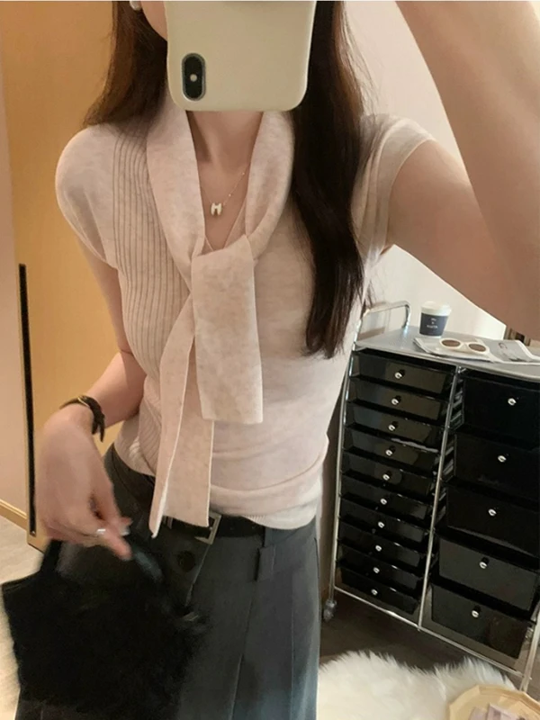 Slimming  Knot V-Neck Pink Knitted Short Sleeve T-Shirt Women's Summer Unique Beautiful Small Flying Sleeve Top