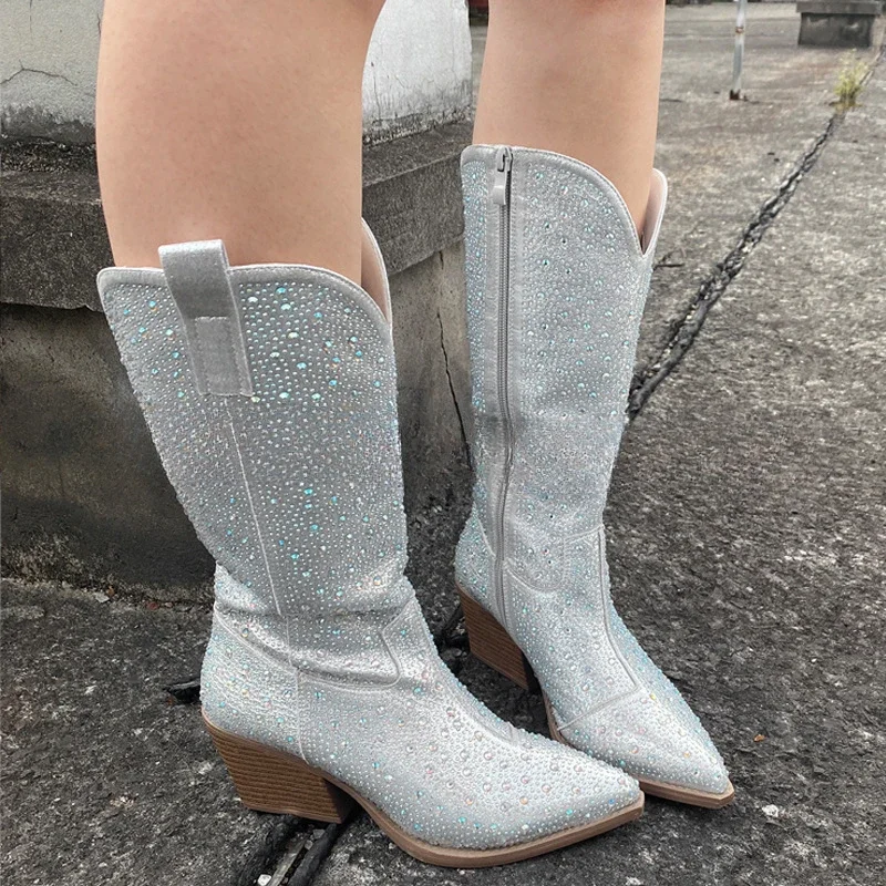 Rhinestone Fashion Women\'s Western Mid-Calf Boots New 2023 Cowboy Cowgirl Shiny Pointed Toe Zipper Sexy High Heels Luxury