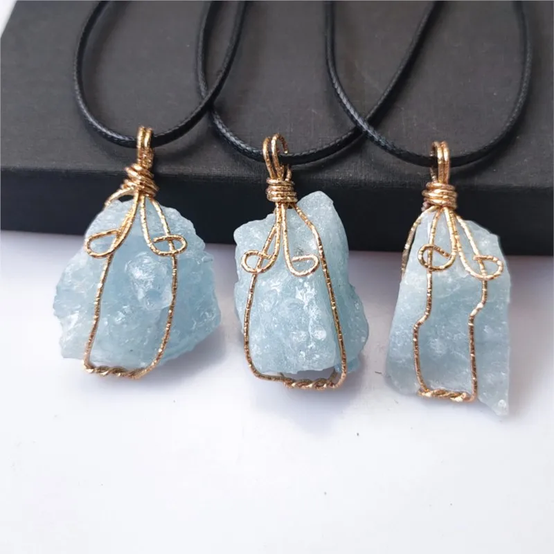 Aquamarine natural aquamarine Crystal winding pendant irregular March birthstone hanging Crystal Healing  Yoga Jewelry Vintage