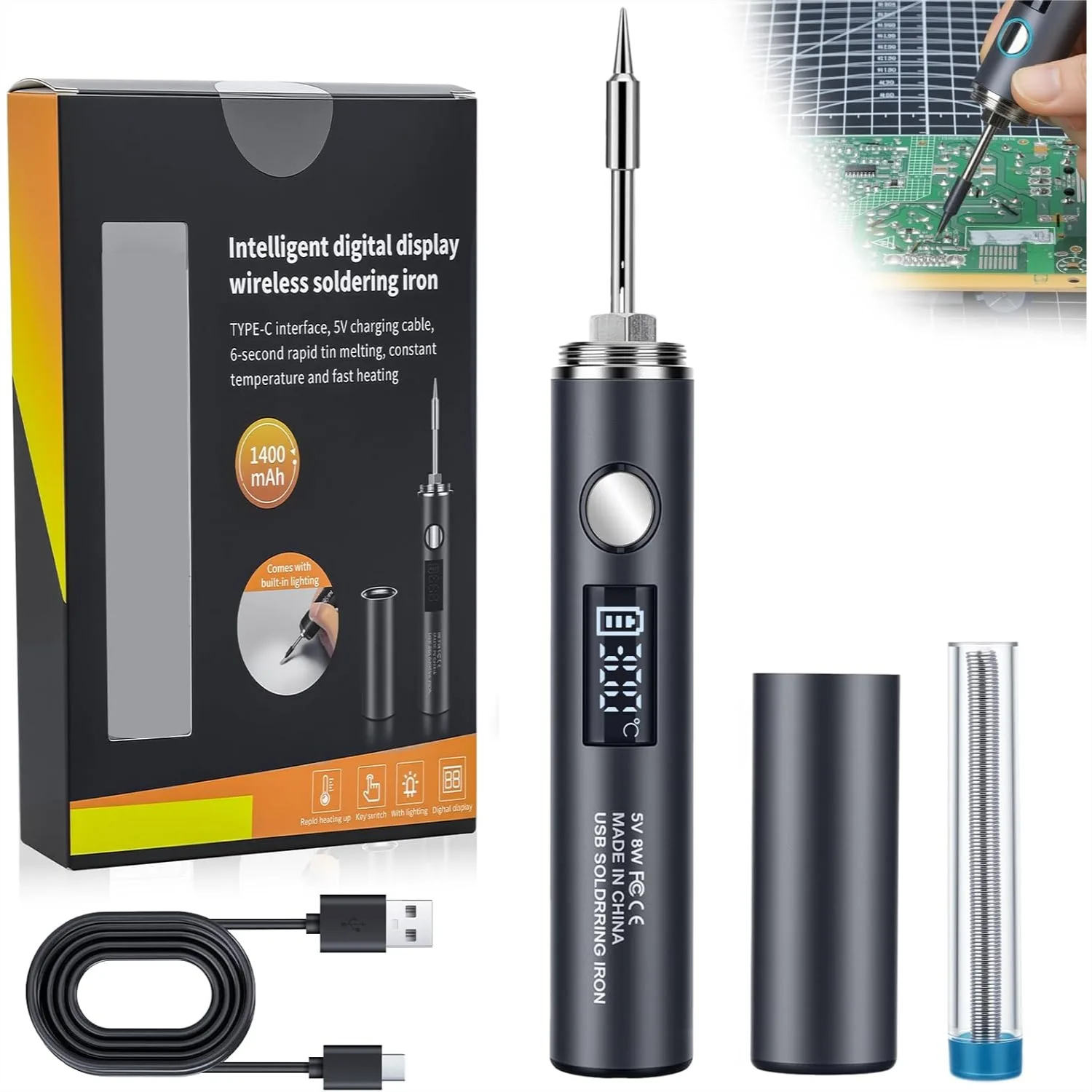 

Cordless Soldering Iron Kit 1400mAh Rechargeable 7s Fast Heating 500-788F LED Light Adjustable Temperature for Electric Repairs DIY
