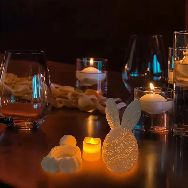 AAAN-3D Printing Hollow Out Easter Rabbitornament, Candle Holder Plaster Desktop Decoration, White Cut Bunny Eggs Figurines