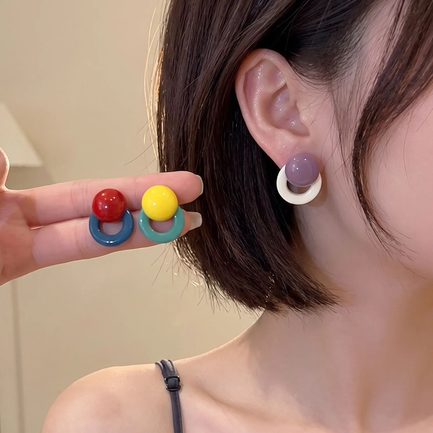 Resin Earrings Two Tone Round Hoop Pastel Bead Accents Lightweight Comfortable Office Work Daily Wear Versatile Jewelry