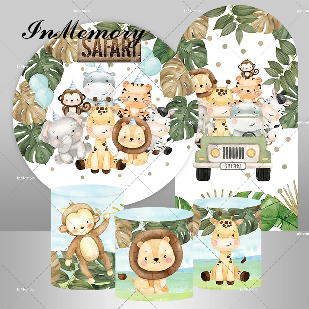 

Kids Safari Jungle Birthday Party Round Backdrop Green Leaves Driving Animals Car Baby Shower Arch Background Cylinder Covers