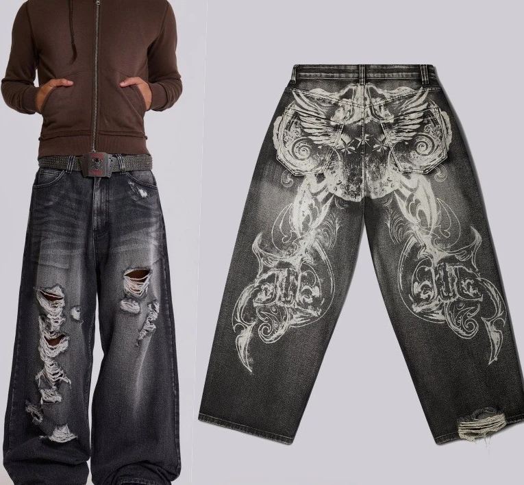 Y2K غسل أجنحة الحرية البيضاء النقية جينز فضفاض 2025 الصيف الاتجاه الطباعة نمط كبير التطهير السراويل سلسلة مختارة