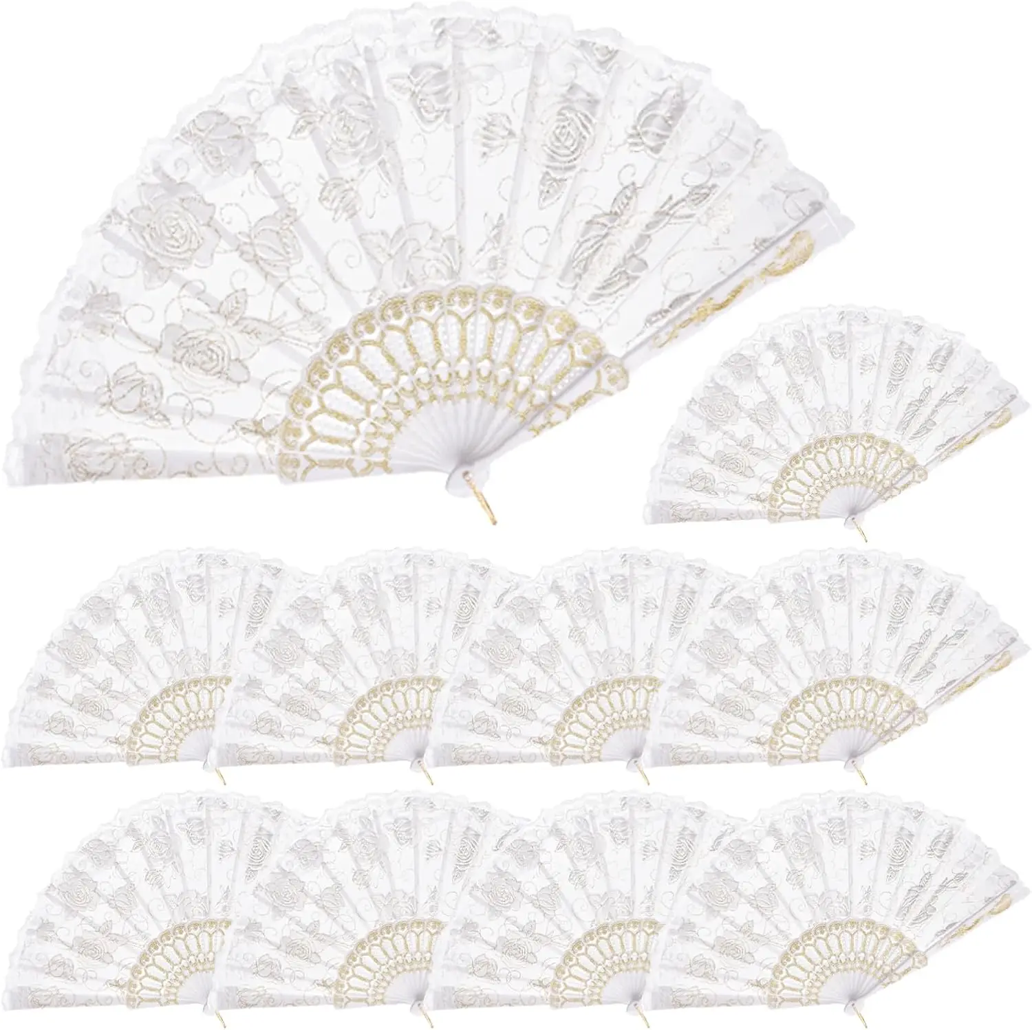 100Pcs 42cm Rose Lace Folding Fans Silk Folding Hand Fans  Perfect for Weddings, Parties, Party Favor,and Dancing