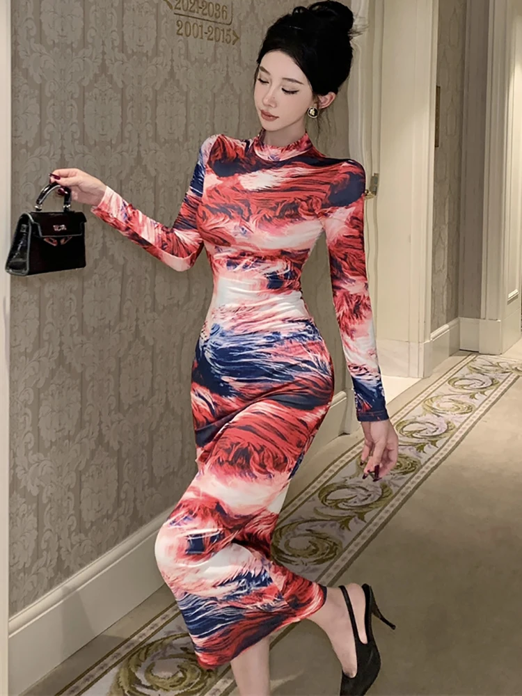 Vestido de manga larga con estampado degradado a la moda para mujer, vestido largo informal elegante para otoño e invierno, vestido de fiesta ajustado coreano para Festival 2025