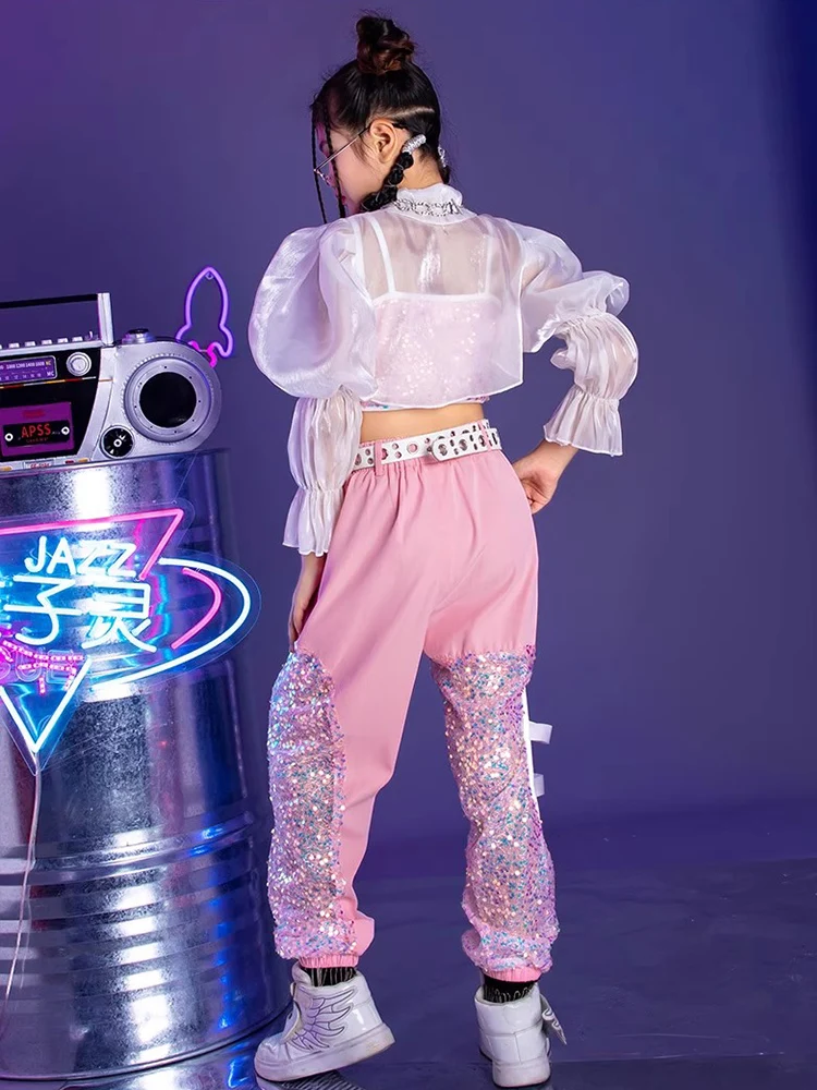 2023 New Jazz Dance Costum Sequins Puff Sleeve Tops Cargo Pants Stage Costume Hip Hop Street Outfit Festival Clothing DL11120