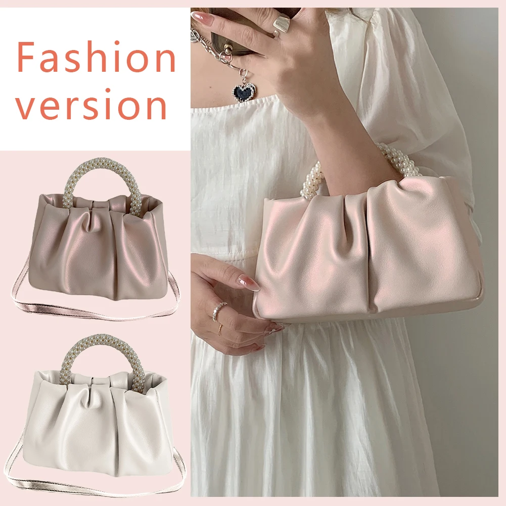 Mini bolsas de couro PU com alça de pérola para mulheres, bolsa para celular, Ruched, sólido, moda, bolsa de baile para meninas, festa, doce, senhoras