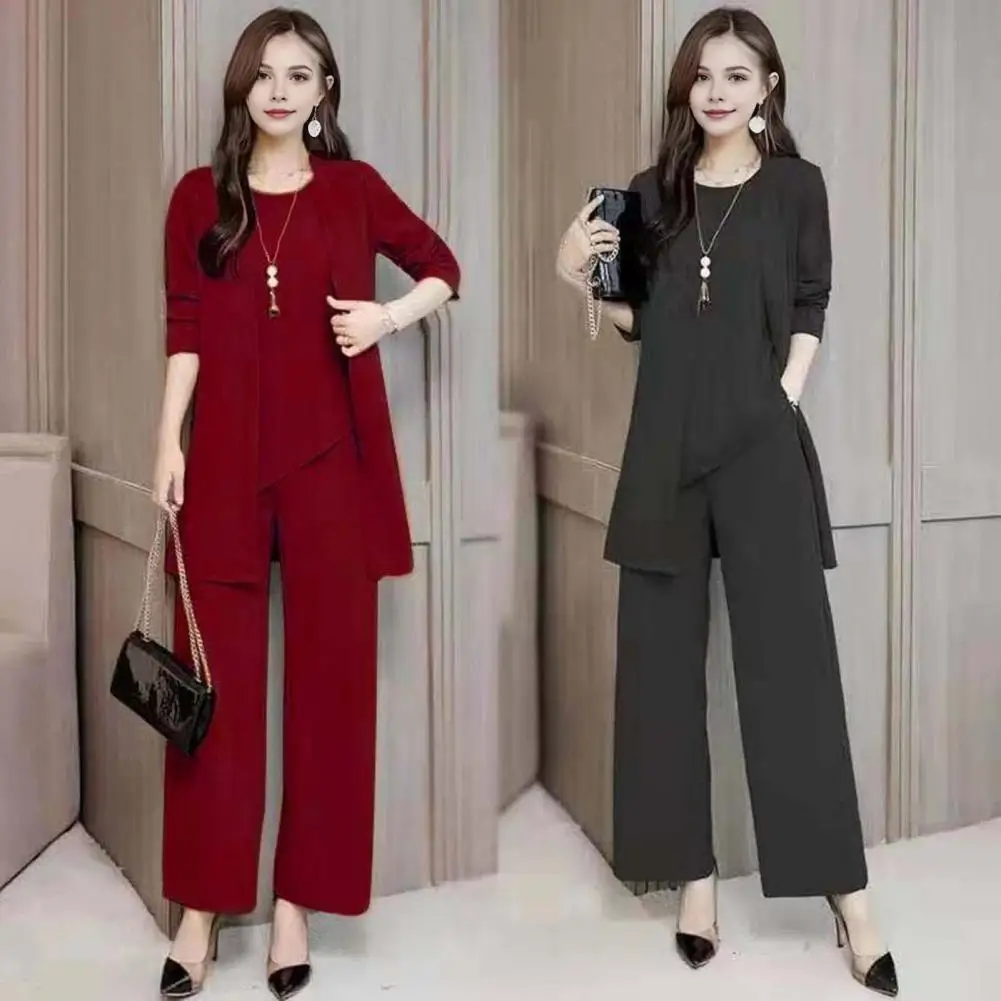 3 Pcs Set Women Spring Fall Outfit Pure Color Sleeveless O Neck Vest Long Sleeves Coat Wide Leg Pants Set OL Commuting Daily Wea