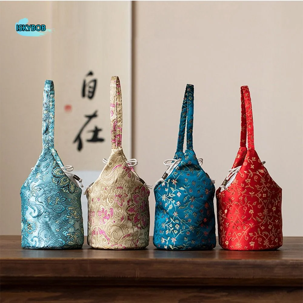 

Chinese Style Embroidered Handbag Handbag Cotton Tea Tools Storage Bag Flower Print Solid Color Drawstring Bundle Pocket Purse