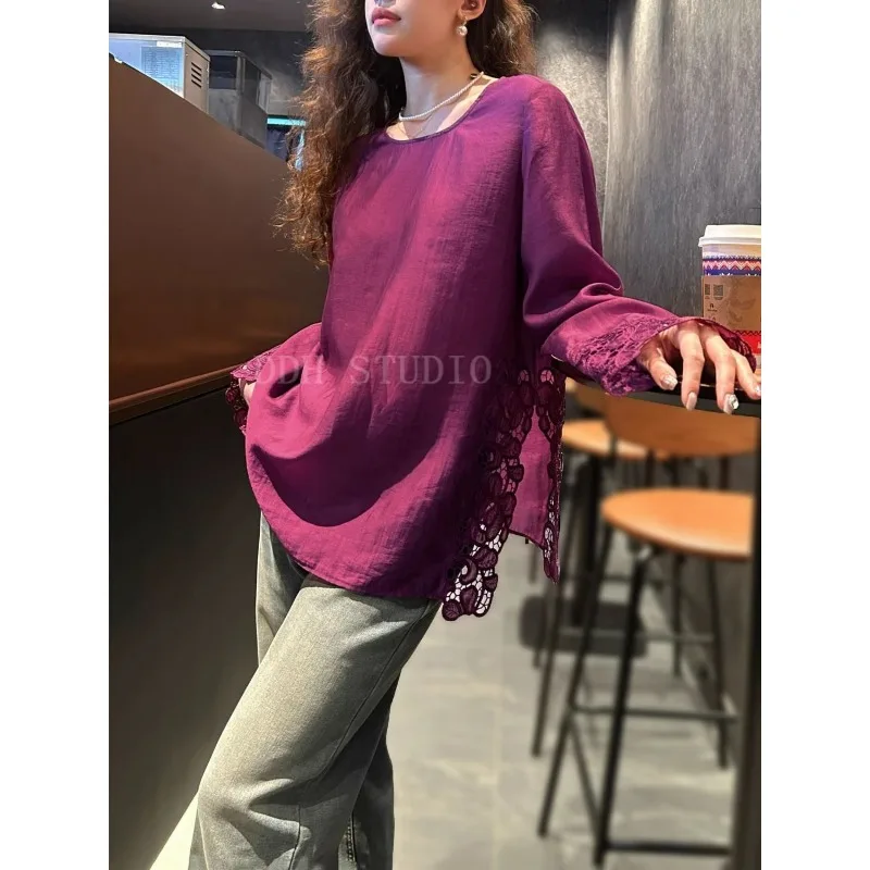 Nuovo stile cinese stile nazionale cuciture in pizzo ricamo cavo spacco retrò sciolto 2025 inizio primavera nuovo top versatile per le donne