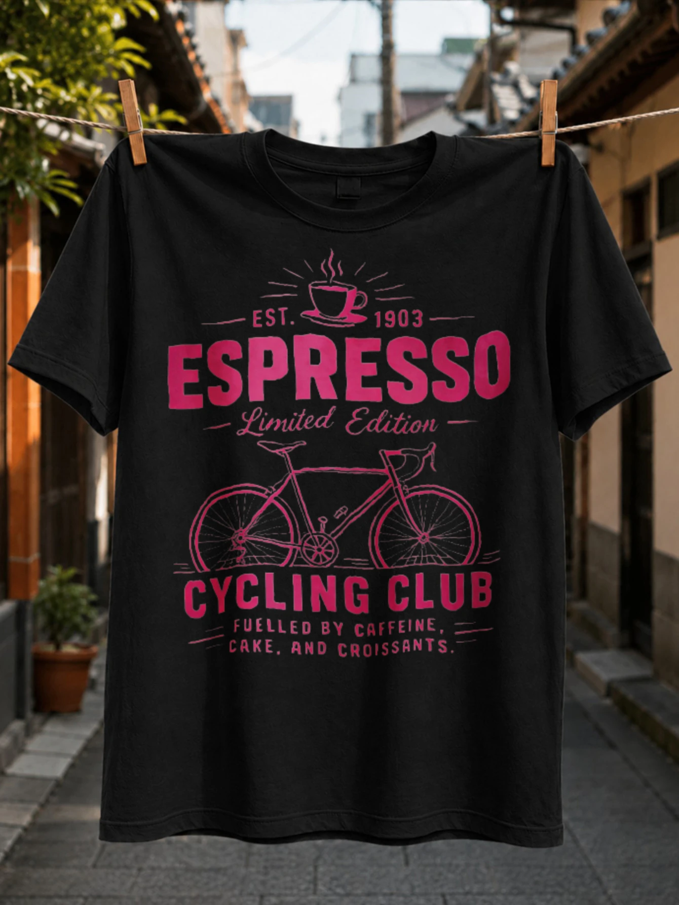 Espresso Cycling Club Vintage Magenta Racing Bicycle and Steaming Coffee Cup Caffeine Cake  Unisex All T-Shirt