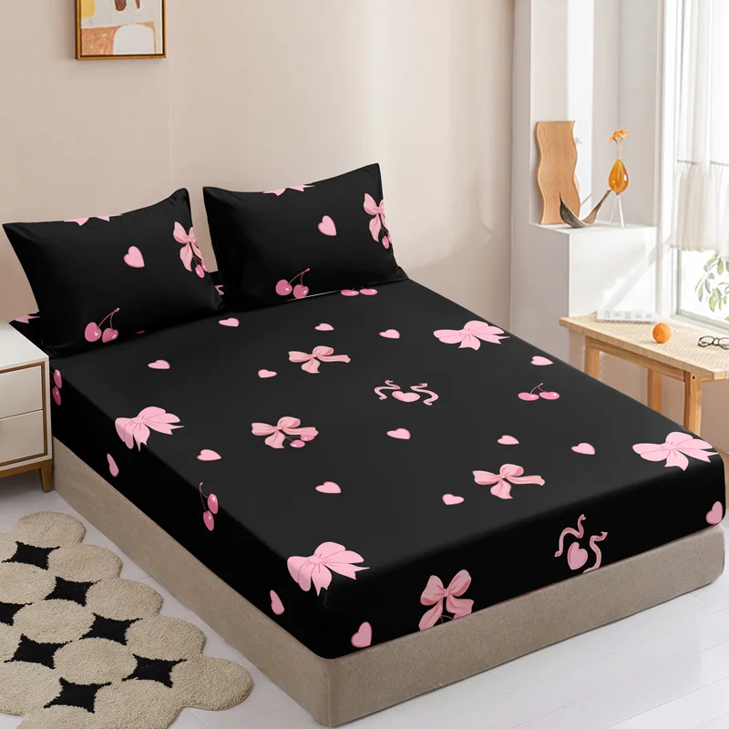 

3pcs Black & Pink Sweet Cool Bow & Cherry Fitted Sheet Set (1 Fitted Sheet + 2 Pillowcases, No Pillow Inserts)