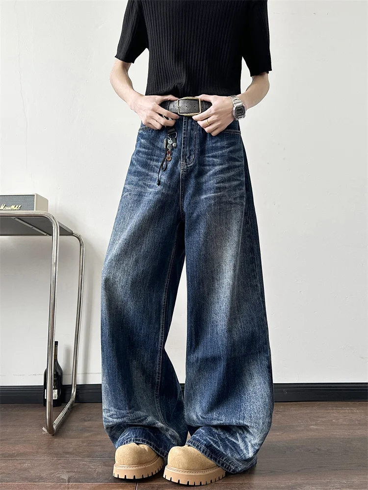 

American High Street Wide Leg Jeans Men Loose Straight Casual Floor-Length Dra Long Pants Waed Effect Summer Faion