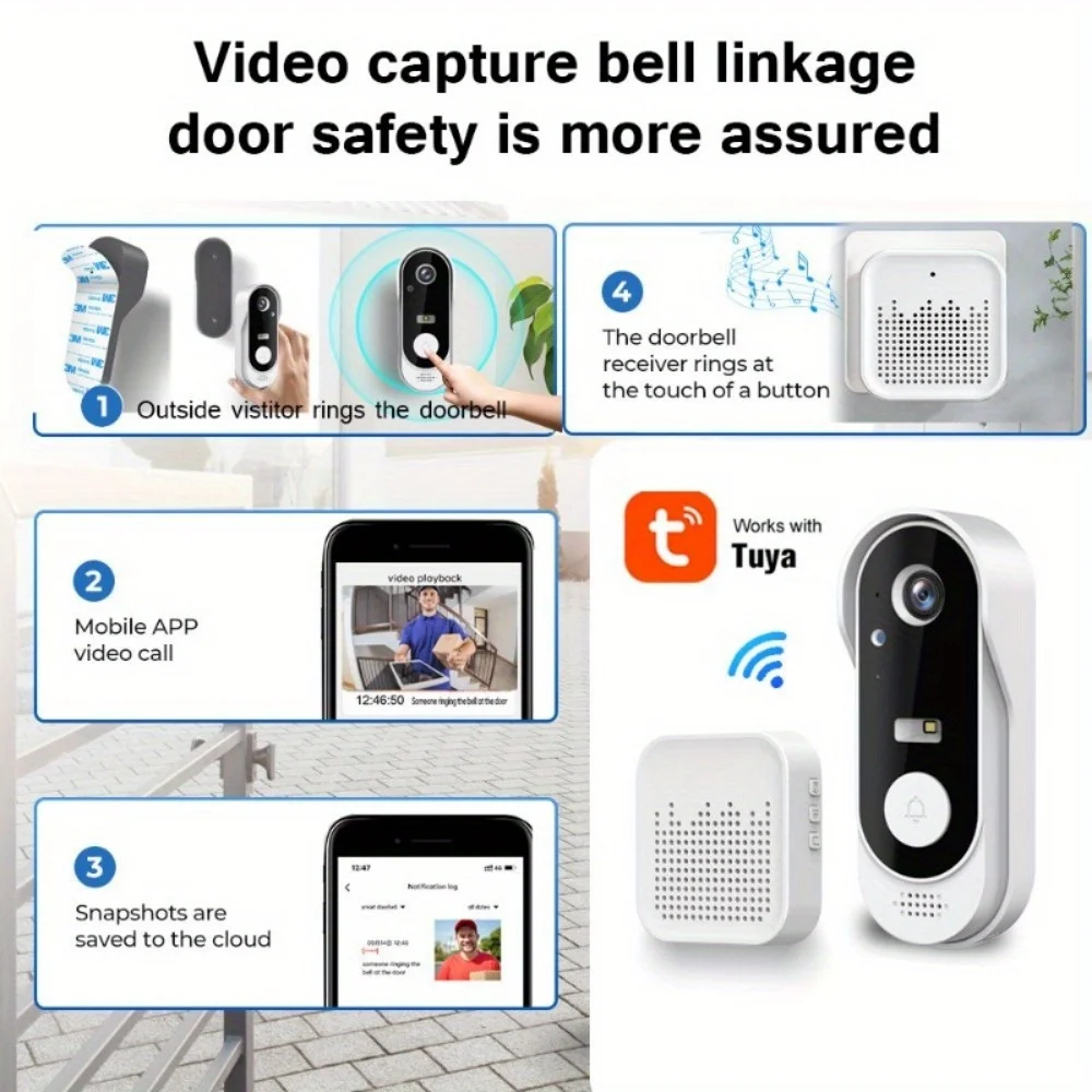 Tuya-timbre de vídeo inteligente para exteriores, dispositivo inalámbrico con WiFi, bidireccional, cámara HD 1080P, compatible con tarjeta SD/almacenamiento en la nube, resistente al agua