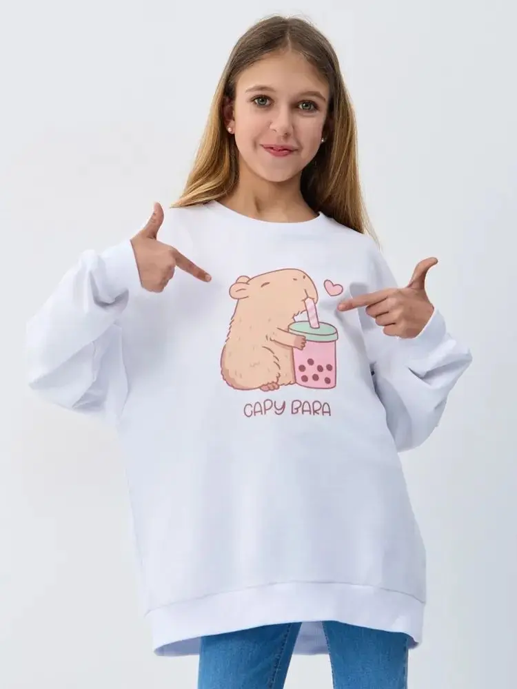 สาวรัสเซียน่ารักเสื้อสีขาวน่ารักกระรอกการ์ตูนพิมพ์เสื้อแขนยาว Oversize ขนาดใหญ่หญิงสาวสบายๆ