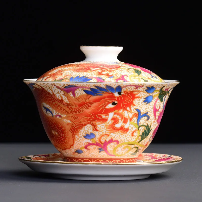 Chinese Kungfu Gaiwan Tea Tureen Intricately Designed Dragon and Phoenix Tea Cups with Elegant Ceramic Color Enamel Teaware