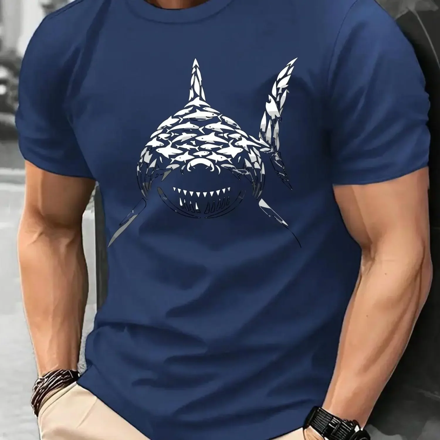 Men Graphic Tee White with Bold Shark Design for Ordinary Fit Casual Everyday and Formal for Breathable Summer TEE