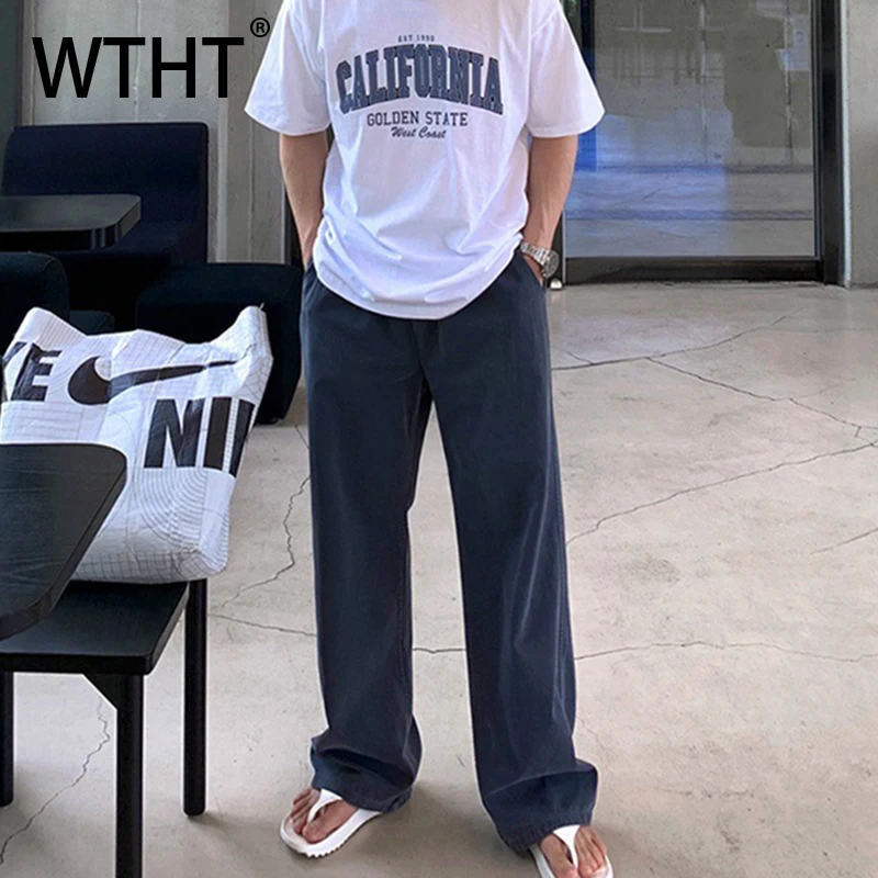 

WTHT Fashion 2025 Summer Men's Solid Color Straight Loose Casual Pants Vintage Korean Style High-waisted Trousers Male 2A1100