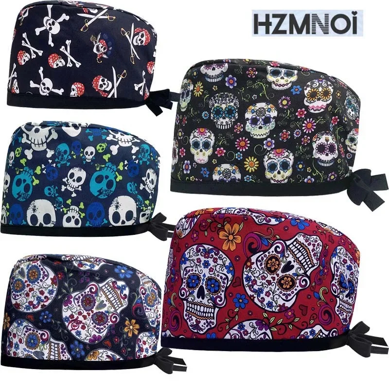 Gorro quirúrgico Unisex para dentista, gorro de cabeza de enfermería con estampado de patrón de sala de operaciones, con botones, para laboratorio y Hospital de mascotas