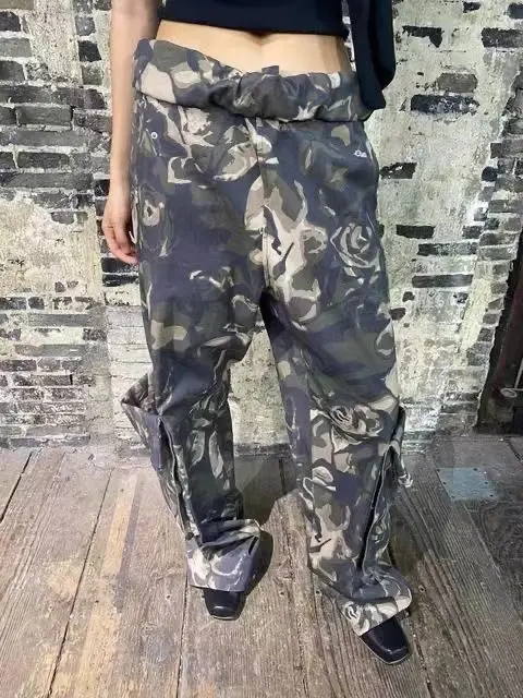 OPEN YY Camouflage Work Pants 2025 Fashion Camouflage Rolled Waist Large Pockets Loose Work Pants Casual