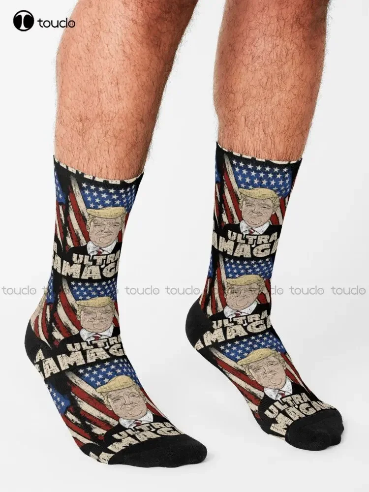 Ultra Maga Proud Republican Usa Flag Socks Meias atléticas masculinas 360 °   Meias de skate de rua com presente personalizado com impressão digital casual